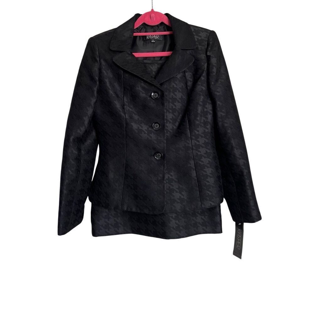 Kasper Jacket Women Size 4 Black Long Sleeve Houndstooth Three Button Blazer NWT